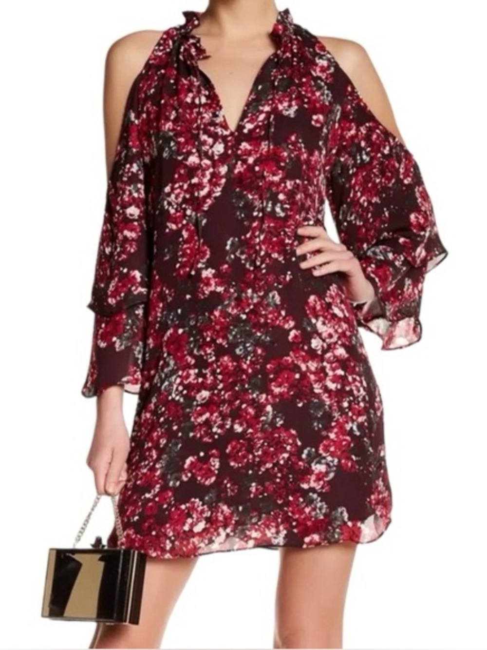 Parker Burgundy Floral Cold-Shoulder Long Sleeve Dress